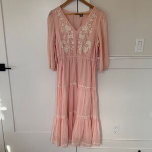 Lucky Brand Pink Cotton Floral Embroidered Midi Dress Boho Cottage-core Size L